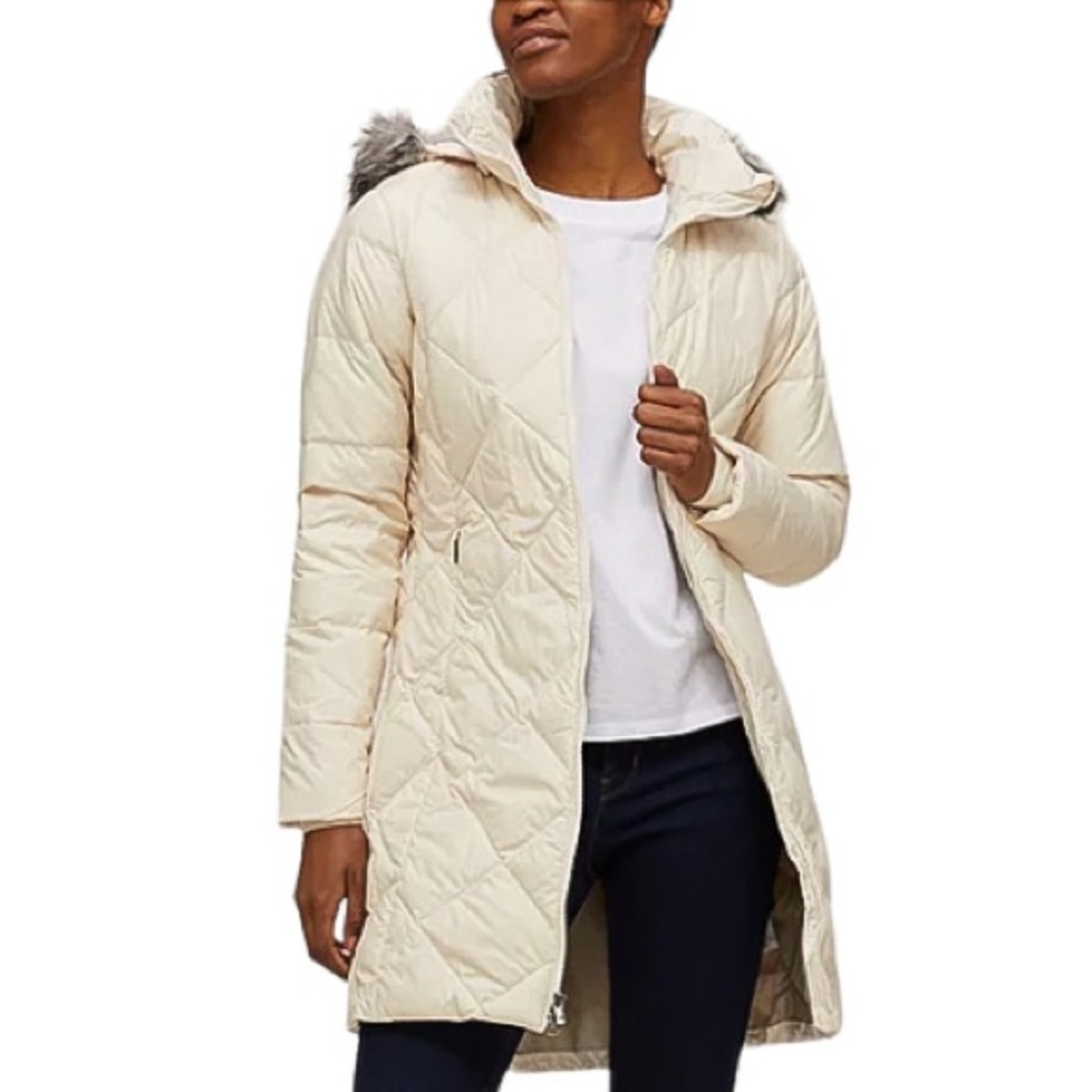 COLUMBIA Women’s Icy Heights II Mid Length Down Jacket Coat Faux Fur Hood XS